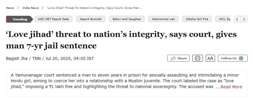 Amegha922488306's tweet image. 🚨Haryana Court Verdict || Labeled ‘Love Jihad’ as a threat to India’s sovereignty

Yamunanagar court has sentenced Shahbaz to 7 yrs in jail for luring and exploiting a 14yrs Hindu girl.

#LoveJihadVerdict #Yamunanagar #MinorProtection #CourtRuling #IndiaNews #BREAKING