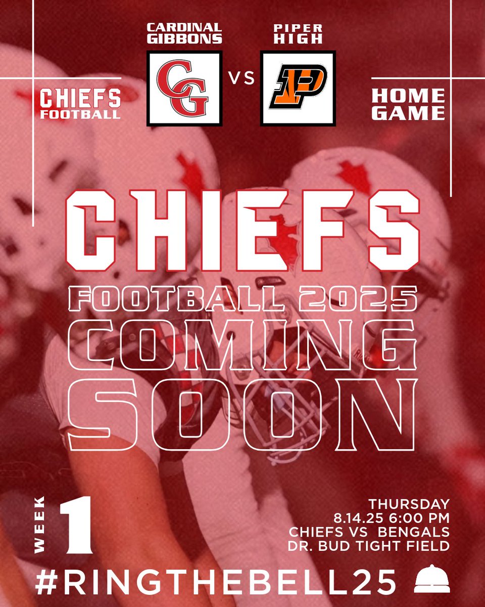 FootballGibbons's tweet image. Chiefs Football is Coming Soon! 🔴⚪️
Game 1: Cardinal Gibbons Chiefs vs. Piper High Bengals
📅 8.14.25 | 🕕 6PM | 📍 Home
🎟️ Be there. Be loud. Be proud.
🛎️ #RingTheBell25