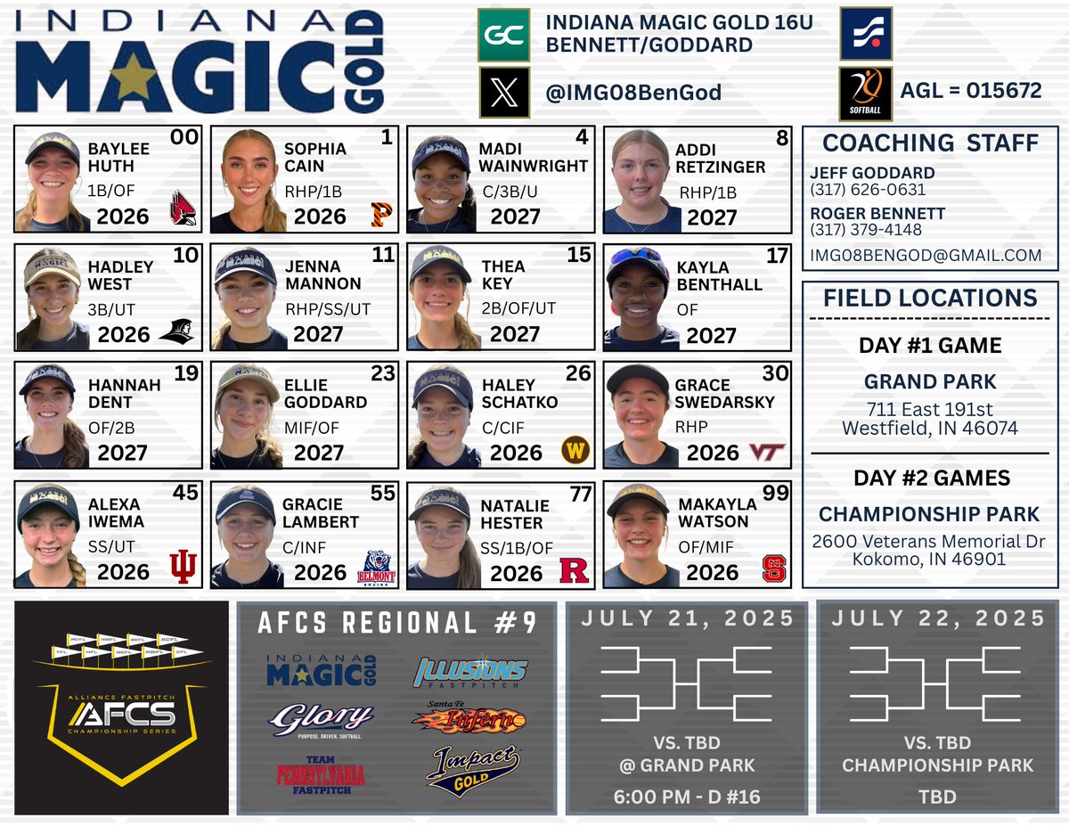 Indiana Magic Gold National Bennett/Goddard 16U (@img08bengod) on Twitter photo Last tourney of the summer. See y’all at Grand Park tomorrow evening 6pm, Field D16. <a href="/thealliancefp/">The Alliance Fastpitch</a> <a href="/LineDsoftball/">Line Drive Media</a> <a href="/ExtraInningSB/">EXTRA INNING SOFTBALL</a> <a href="/tagupSoftball/">tagup</a> Last tourney of the summer. See y’all at Grand Park tomorrow evening 6pm, Field D16. <a href="/thealliancefp/">The Alliance Fastpitch</a> <a href="/LineDsoftball/">Line Drive Media</a> <a href="/ExtraInningSB/">EXTRA INNING SOFTBALL</a> <a href="/tagupSoftball/">tagup</a>