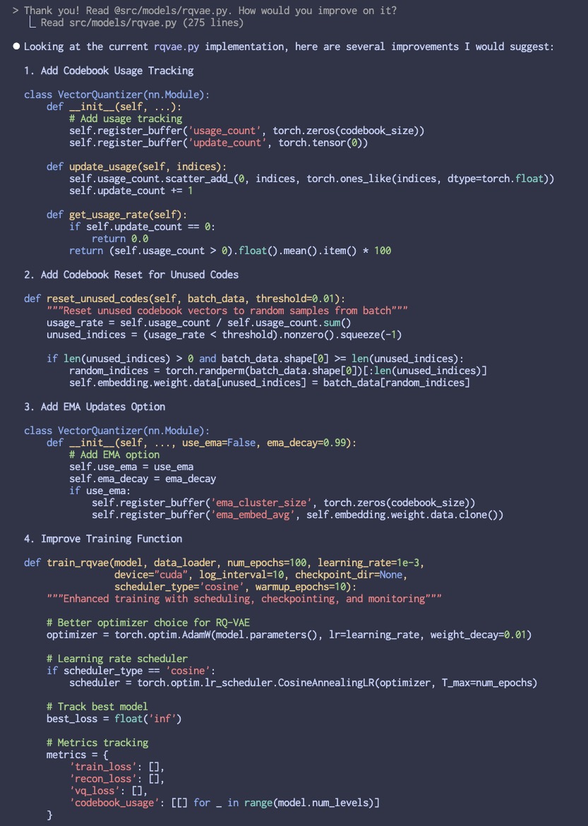 eugeneyan's tweet image. tools for learning and building
• zotero: papers, annotations, citations
• obsidian: notes, writing, connecting the dots
• claude: thinking partner, improve understanding
• claude code: implementation, code review
(images from work on semantic IDs and residual-quantized…
