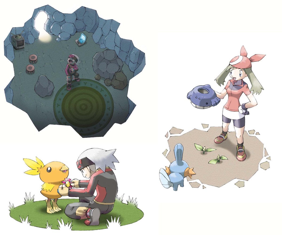 Lewchube's tweet image. Holy shit, turns out the Pokémon Ruby and Sapphire scenario art (with white hair Brendan) wasn't drawn by Ken Sugimori, but Hironobu Yoshida instead.