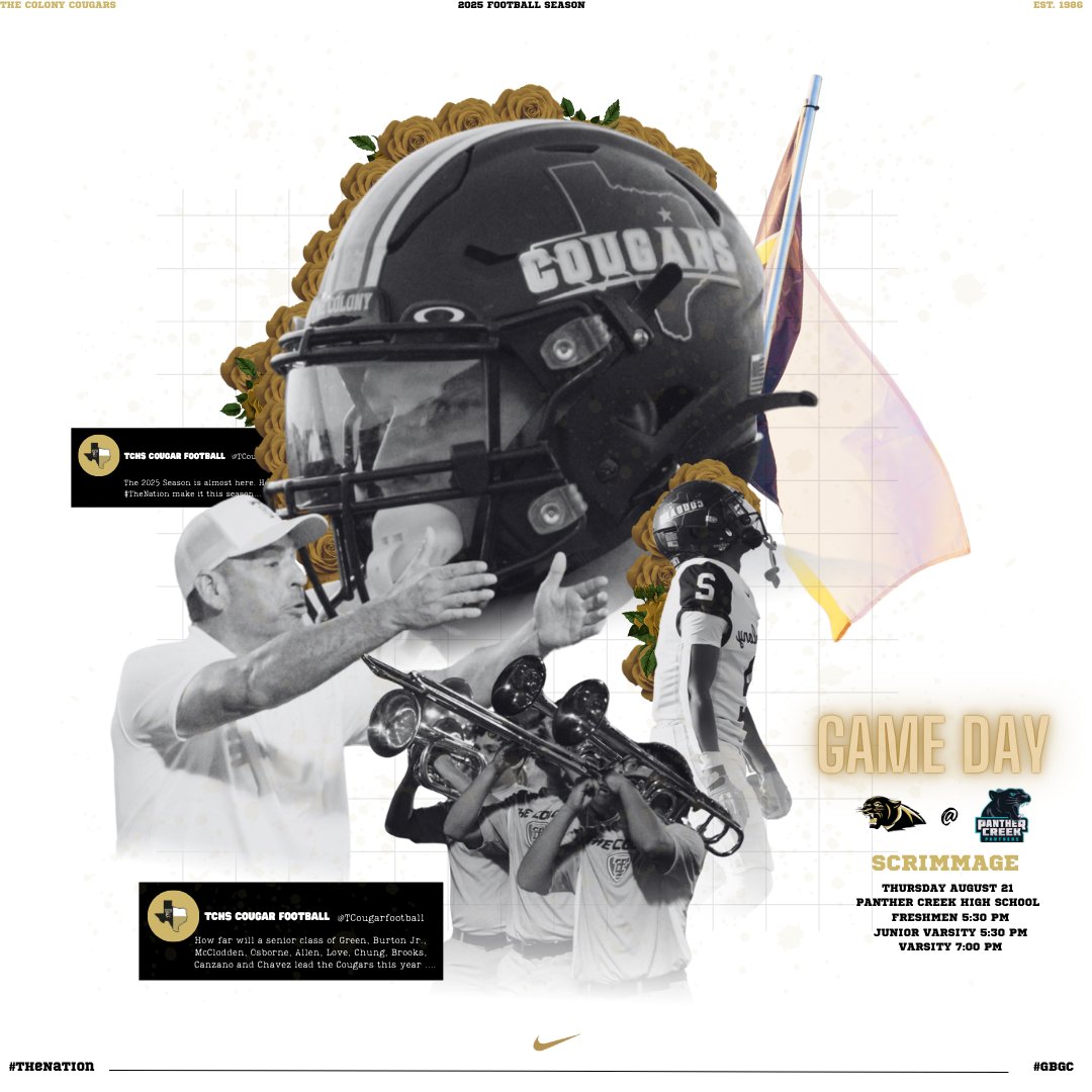 🚨 The wait is almost over — it’s time to show out in just over 30 days! 

📍 Frisco Panther Creek HS
📅 Thursday, August 21
🕠 Freshman &amp; JV – 5:30 PM
🏈 VARSITY – 6:30 PM
#GBGC #TheNation #txhsfb