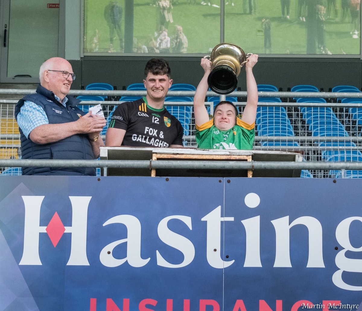 Ardaghs no. 1 supporter, James Gough lifts the Abbvie division 3 League cup today at Hastings Insurance MacHale Park. Ardagh overcame Aghamore today in a closely contested final.