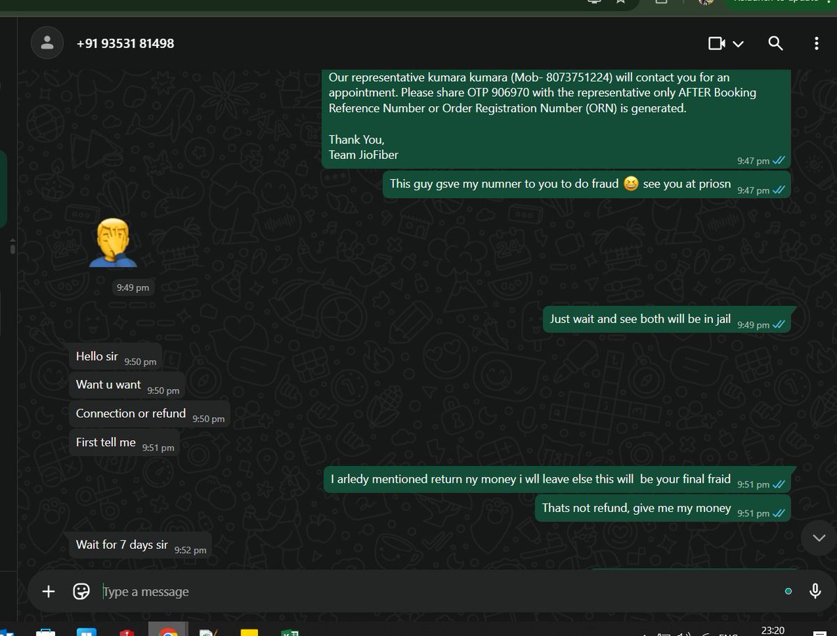 bro2code's tweet image. Applied for a Jio Fiber connection via the Jio app. Within minutes, I got a WhatsApp message from &quot;Jio Care&quot; sharing a number for installation. I called, and someone claiming to be a Jio engineer asked me to pay ₹2474. Promised same-day installation. Disappeared after payment.…