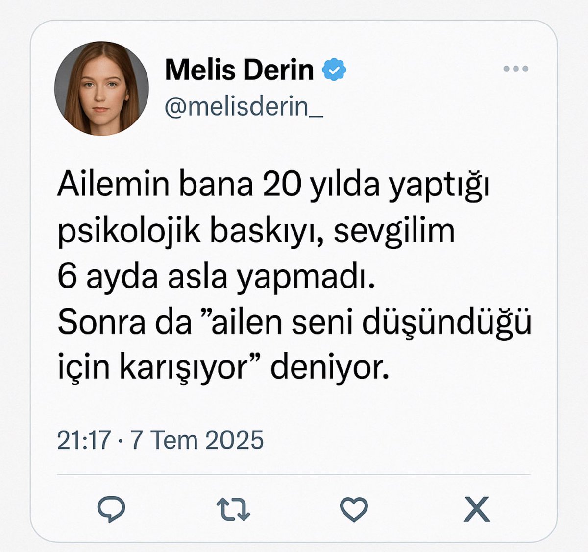 Aile her zaman doğruyu bilir diye bir şey yok.
Bu tweet tam olarak yaşadığım şeyi anlatıyor.
“Seni düşündüğümüz için karışıyoruz” cümlesi bazen en toksik cümle olabilir.
🔁 RT yapmadan fikir yaz 🙏
veya
👇 Aşağıda tartışalım. Gerçekten ne düşündüğünüzü merak ediyorum.