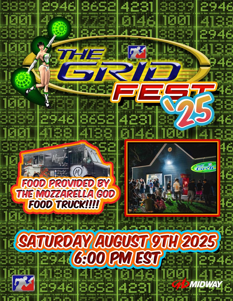PinheadCompany's tweet photo. GRID FEST 2025 is going down August 9th 6PM SHARP! The Mozzarella God food truck will be back for a 3rd year in a row! Tons of food and drinks to get you drunk and fed! Be there or be square and GET YOUR GRID ON!!!! #gridfest #gridfest2025 #thegrid #thegridarcade #thegridgame https://t.co/5W24ol4mpA