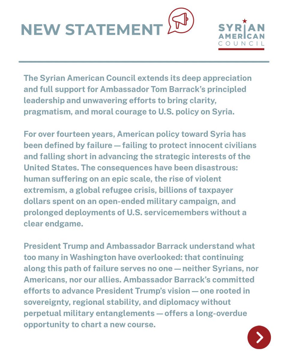 MhdAGhanem's tweet image. Note of Appreciation for Ambassador Tom Barrack @USAMBTurkiye @USEmbassySyria
On Behalf of the Syrian American Council @sa_council
We extend our deep appreciation and full support for Ambassador Tom Barrack’s principled leadership and unwavering efforts to bring clarity,…