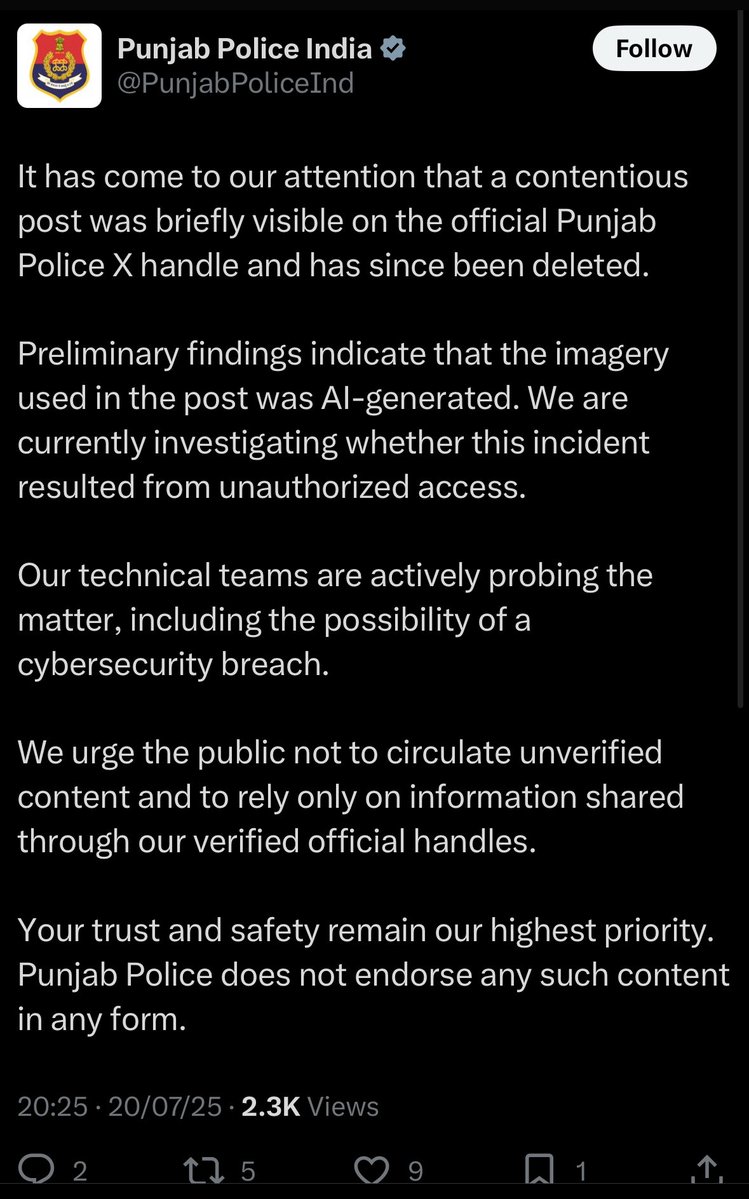 Oishani Bhattacharya (@oishanib_) on Twitter photo <a href="/PunjabPoliceInd/">Punjab Police India</a> has shared a clarification after two days.
While ADGP Amit Prasad denied that such a post was ever made from the official X handle, in this clarification the Punjab police admits that the post was visible from their X handle <a href="/PunjabPoliceInd/">Punjab Police India</a> has shared a clarification after two days.
While ADGP Amit Prasad denied that such a post was ever made from the official X handle, in this clarification the Punjab police admits that the post was visible from their X handle