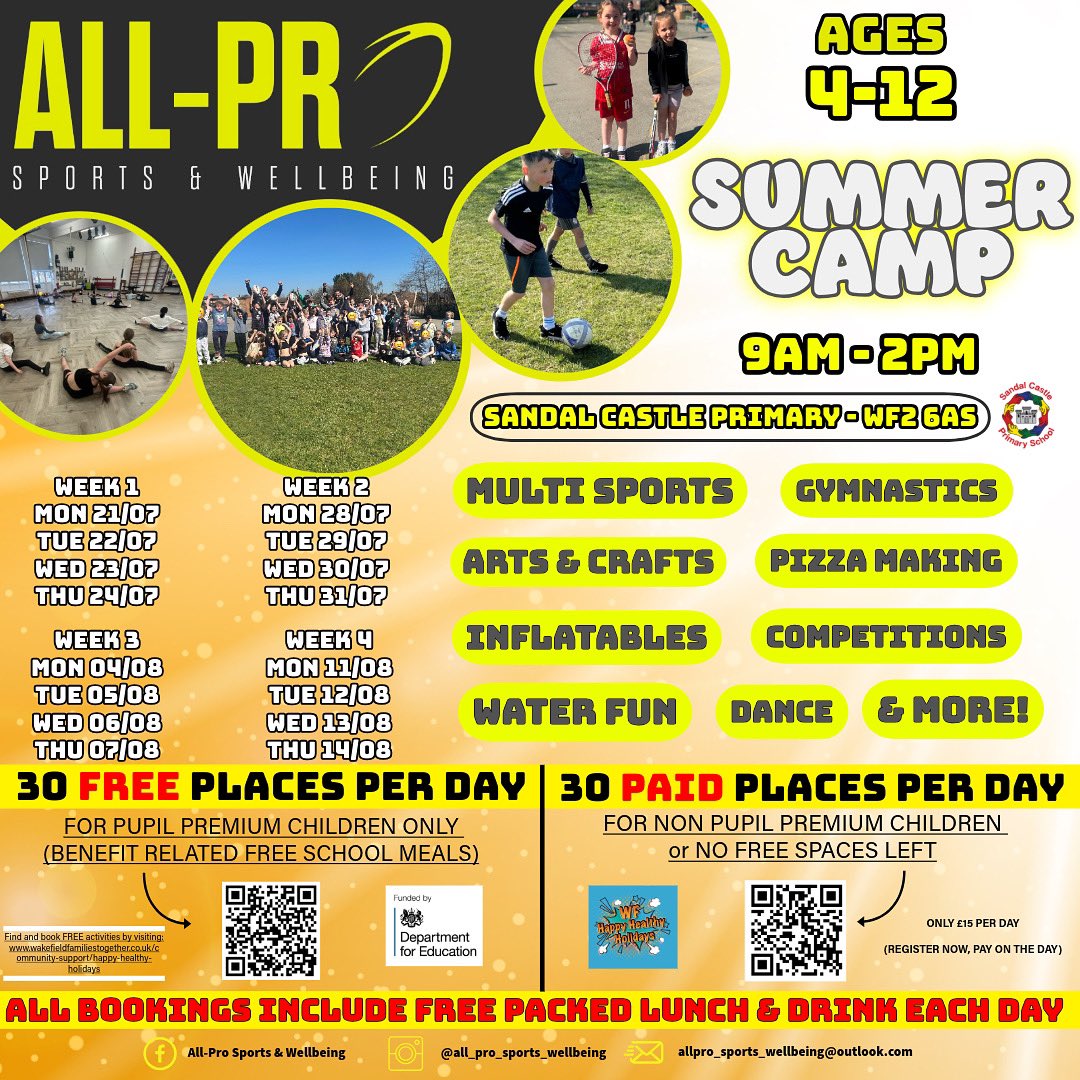 Starts tomorrow!! Still time to book on for across the summer ☀️🏃‍♂️🏉🧘🏼‍♀️⚽️🏌🏻‍♂️🎾🤸‍♀️🏀💃🏑🍕💦🔫🎨 <a href="/SandalCastleSch/">Sandal Castle Primary School</a> 

Paid places link
forms.office.com/r/ECSpESYGrU?o…

Free places links (FULLY BOOKED)
allprosports.coordinate.cloud/list

#HAF2025