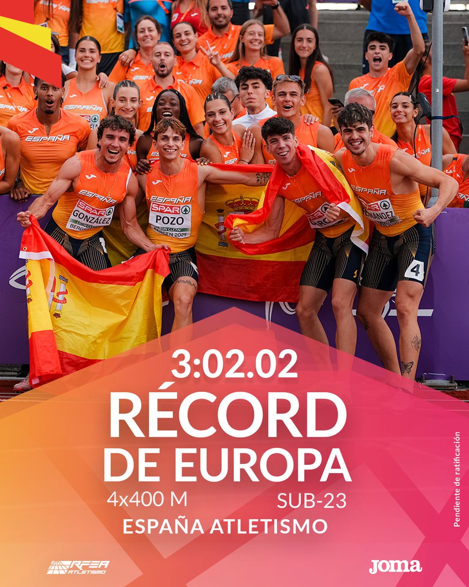 MONUMENTAL- MARAVILLOSO - FASCINANTE

Campeones de Europa 🥇#EspañaAtletismo 🇪🇸‼️
𝐑𝐞́𝐜𝐨𝐫𝐝 𝐝𝐞 𝐄𝐮𝐫𝐨𝐩𝐚 𝐝𝐞 𝟒𝐱𝟒𝟎𝟎 𝐦  3⃣:0⃣2⃣.0⃣2⃣‼️
David García🤝 Ángel González 🤝Markel Fernández 🤝 Gerson Pozo

El mejor remate final a una traca de medallas
#Bergen2025
👏👏👏👏