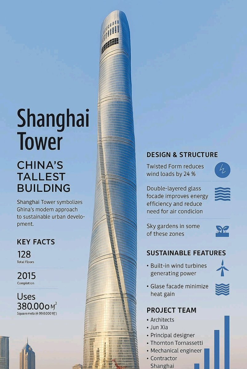 Kunlevski003's tweet image. Shanghai Towers
The twisting spiral shape of the Shanghai Tower is not only aesthetically pleasing but a key element in its wind resistance. This shape disrupts the airflow around the building, preventing the formation of strong, focused vortices that can cause excessive…