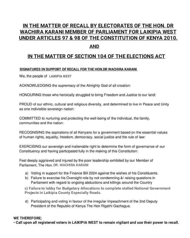 Laikipia West residents have initiated the process of recalling Hon Wachira Karani