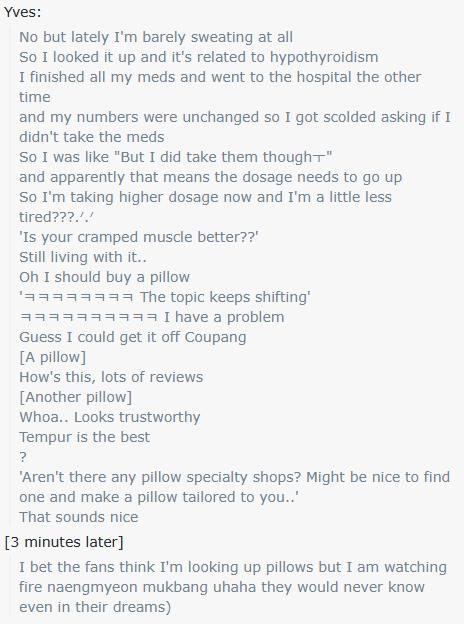 litell_johnn's tweet image. Chat highlights: Yves keeps dealing with hypothyroidism and neck cramp (250721)
Text links:
reddit.com/r/LOONA/commen…