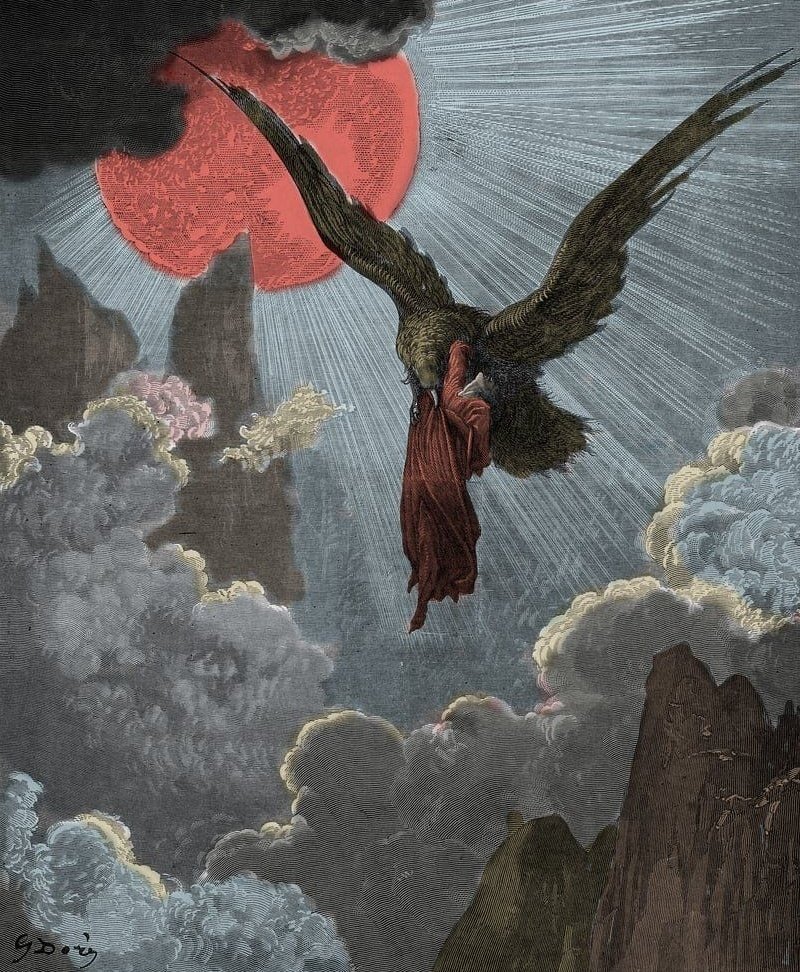 archaeologyart's tweet image. "Ascension of Dante and the Eagle," an engraving by Gustave Doré from his illustrations of Dante's Divine Comedy, originally created in the 19th century AD.