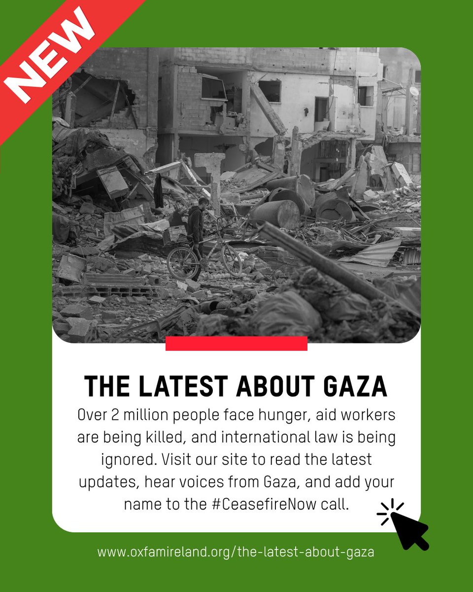OxfamIreland's tweet image. 📢 Gaza: 21 months of crisis.
2.1 million people facing hunger. Aid workers killed. Families displaced.
The world can’t keep looking away.
✊Demand a permanent #CeasefireNow.
🖋️Add your name, read the latest, and stand with Gaza. oxfamireland.org/the-latest-abo…