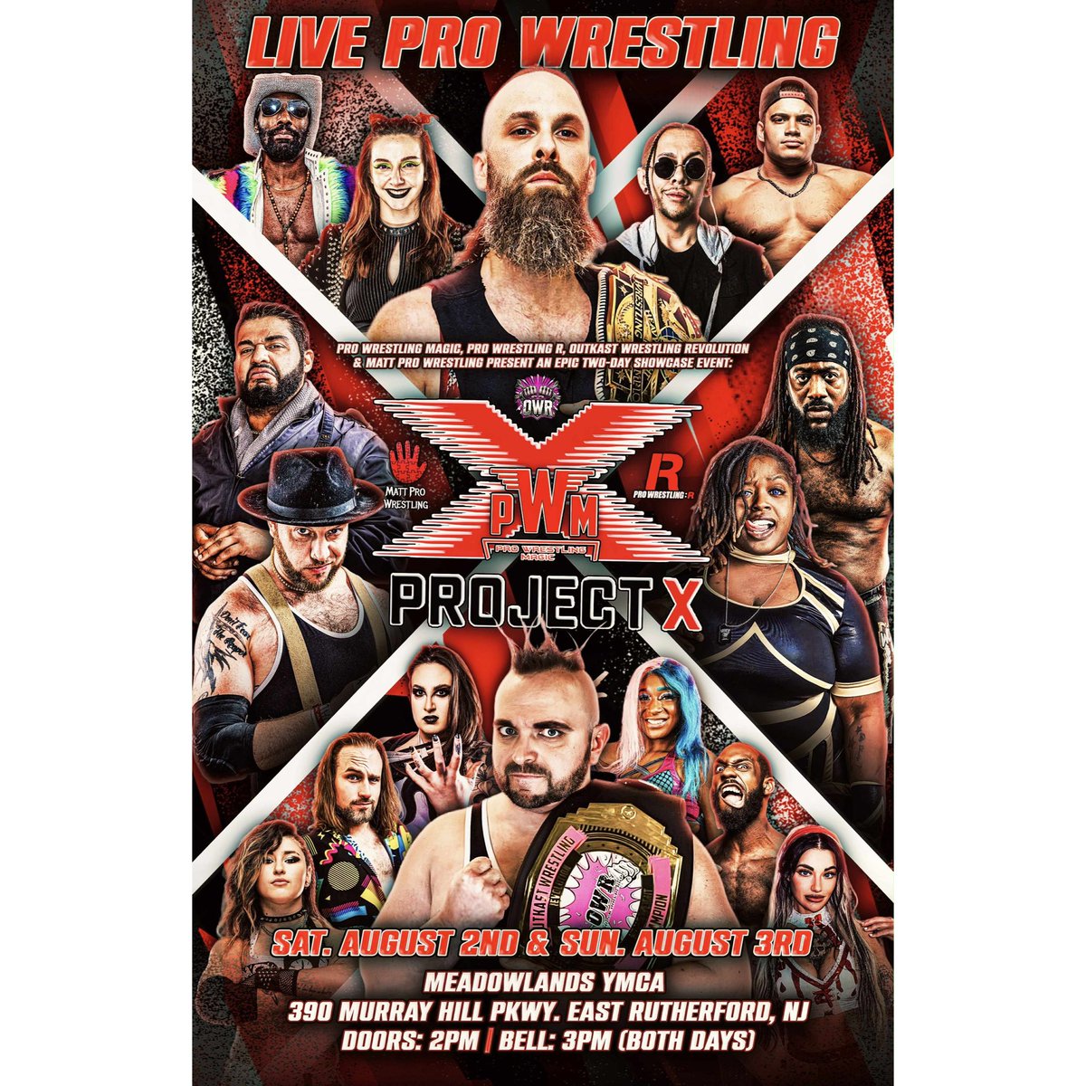 WrestlingMagic's tweet image. Project X
Meadowlands YMCA
390 Murray Hill Parkway
East Rutherford, NJ
Saturday, August 2 AND Sunday, August 3
Doors: 2 PM(both days)
Bell Time: 3 PM(both days)
Tickets: ProWrestlingMagic.com
FREE Summerslam parking in the YMCA lot with Project X ticket purchase!