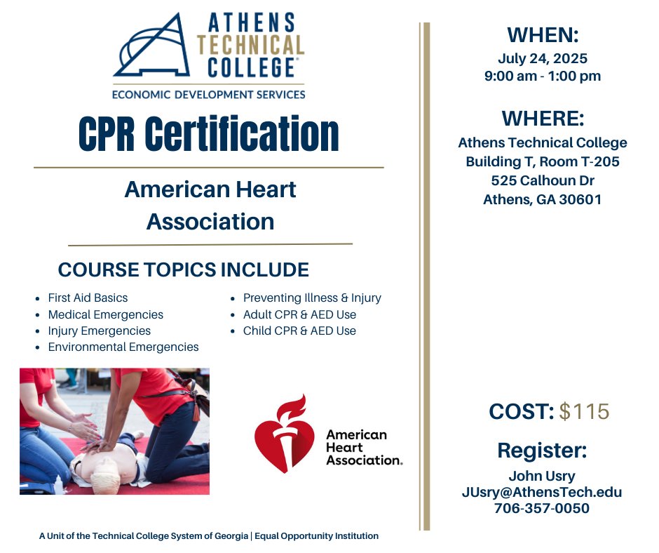 Don't wait to get CPR certified! Athens Technical College has you covered. We are hosting a CPR certification course on July 24th, and the cost is $115. To register, please visit ow.ly/1eNh50Wp6xt
