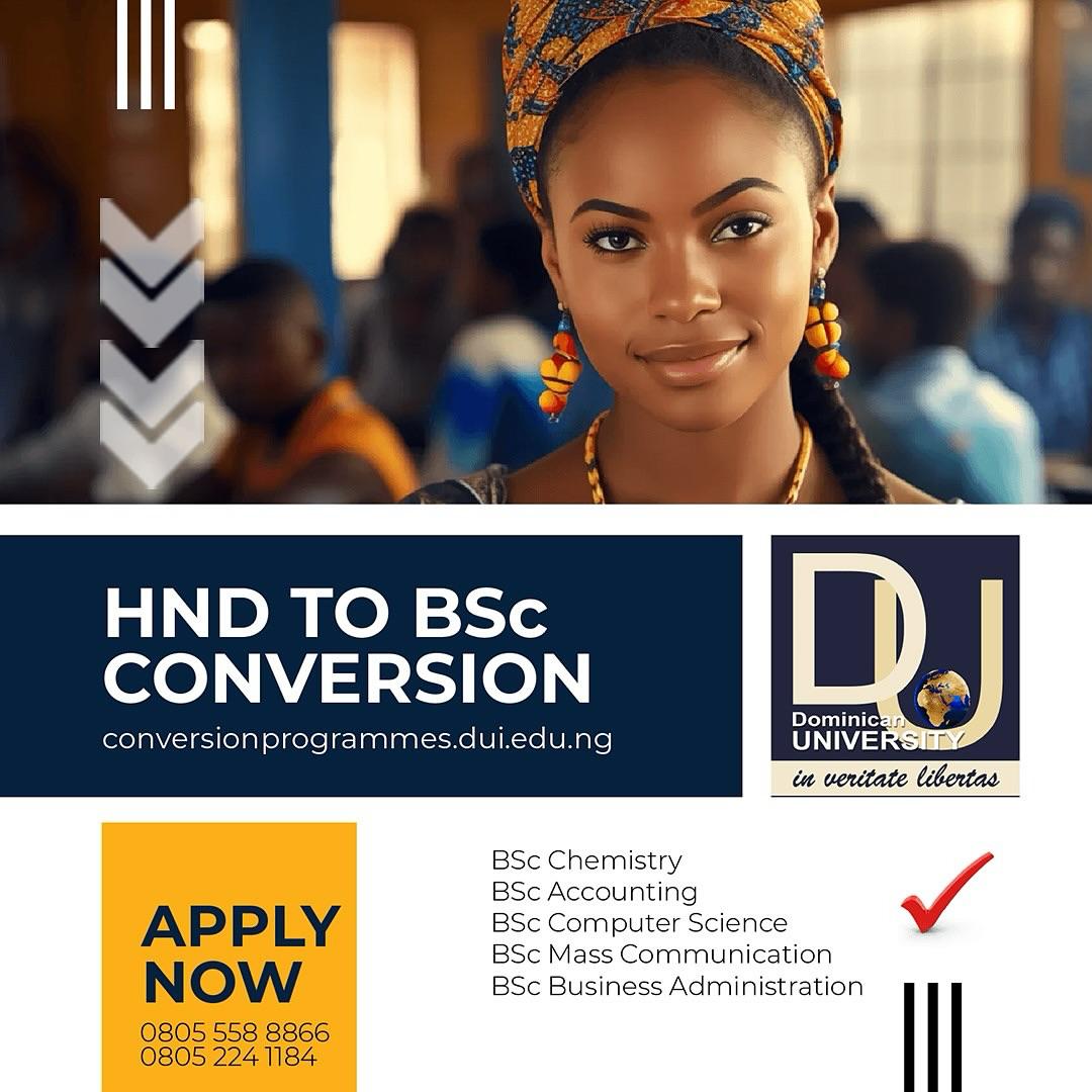 duinigeria's tweet image. DOMINICAN UNIVERSITY, IBADAN NOW OFFERS HND to B.SC CONVERSION PROGRAMMES!!!
To apply for these programmes, click the link below:
conversionprogrammes.dui.edu.ng