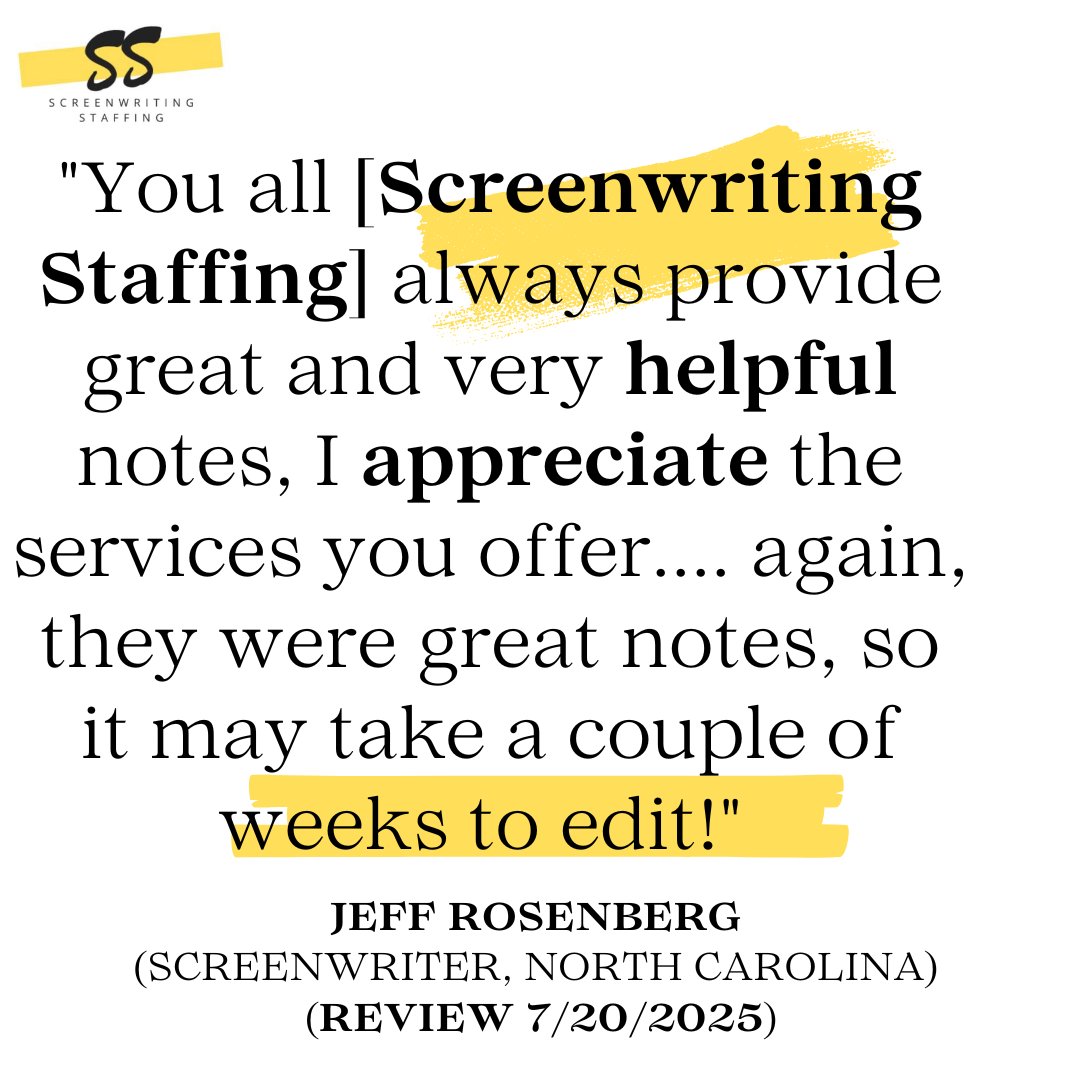 ScreenwritingSU's tweet image. Another great review just came in for our script coverage service. We’re grateful to work with passionate writers like Jeff, who take the time to dig into their notes and push their work forward.

Submit your script here: screenwritingstaffing.com/pro-screenplay…

#ScriptCoverage #WriteToRewrite