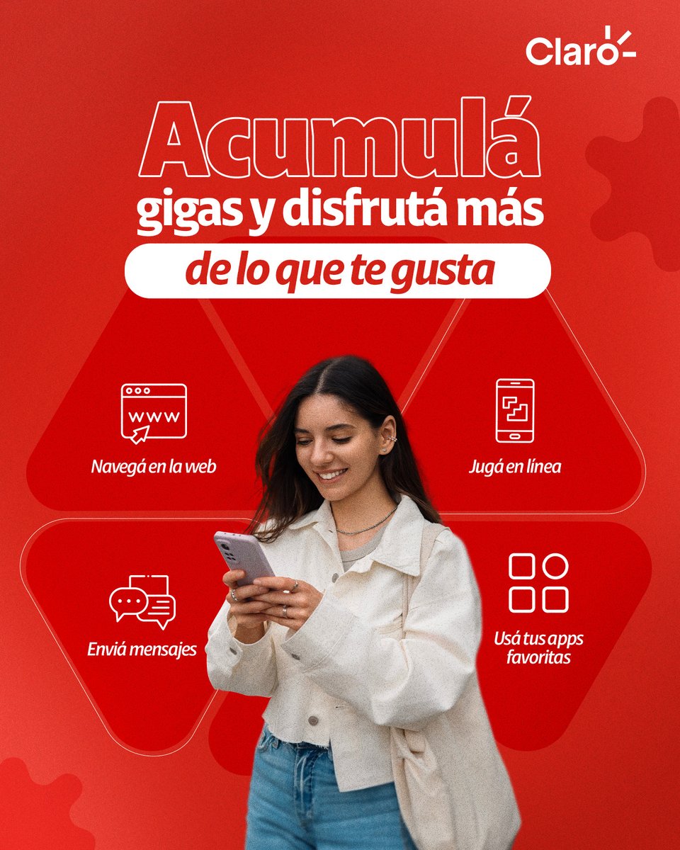 Si tenés plan prepago o postpago, en Claro podés acumular gigas y
usarlos cuando más los necesites.
Disfrutá siempre de tu mundo digital 🤩