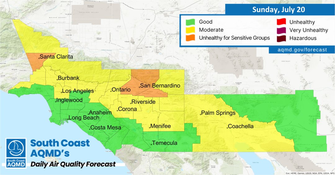 SouthCoastAQMD's tweet image. #AirQuality Forecast (Sunday, July 20th): aqmd.gov/forecast
AQI readings in portions of the #InlandEmpire and #LosAngeles County are predicted to reach Unhealthy for Sensitive Groups or higher levels.
View our Real Time #AQI Map: aqmd.gov/aqimap