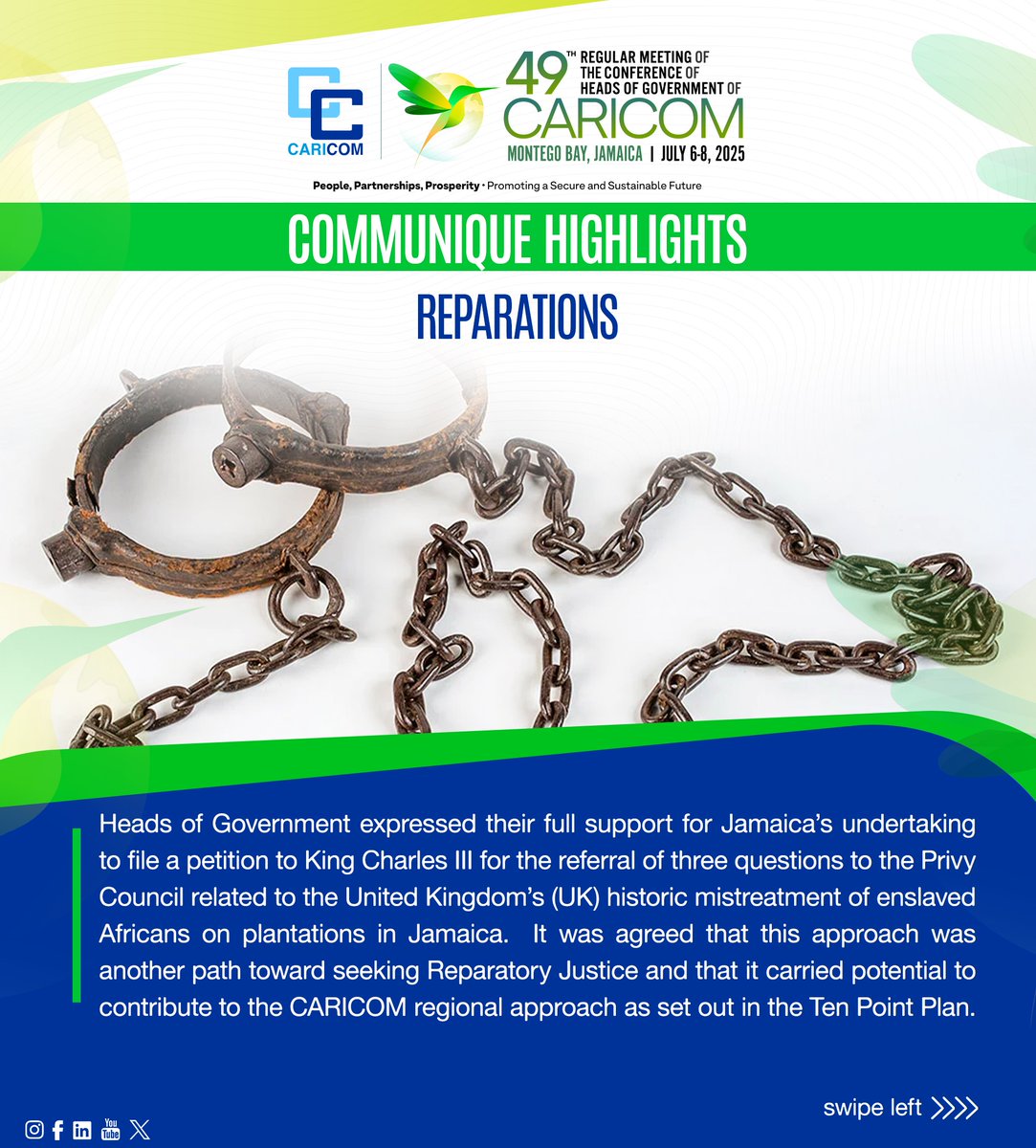 CARICOMorg's tweet image. 👨⚖️Pursuing Reparatory Justice
📜 #CARICOM Heads of Government expressed support for Jamaica’s undertaking to file a petition to King Charles III.
➡️Swipe now to learn more.
📲 Scan the QR code or click to read the Communique now ow.ly/uEZQ50WshqP
#Reparations #JusticeNow…