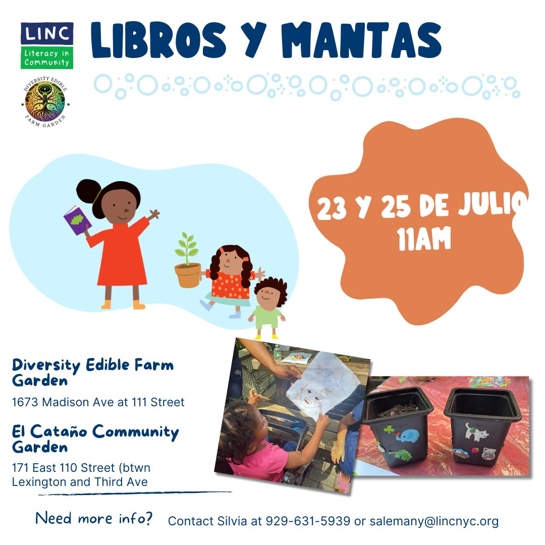 linc_nyc's tweet image. 🌿📚East Harlem families, Our next Books & Blankets July sessions are here:
📅July 23: Diversity Edible Farm Garden w/ @NYCGreenThumb
📅July 25: El Cataño Garden w/ @NYRP
🎶 Stories, songs & early literacy joy for ages 0–5—but everyone is welcome.📋RSVP: tinyurl.com/eh25summer