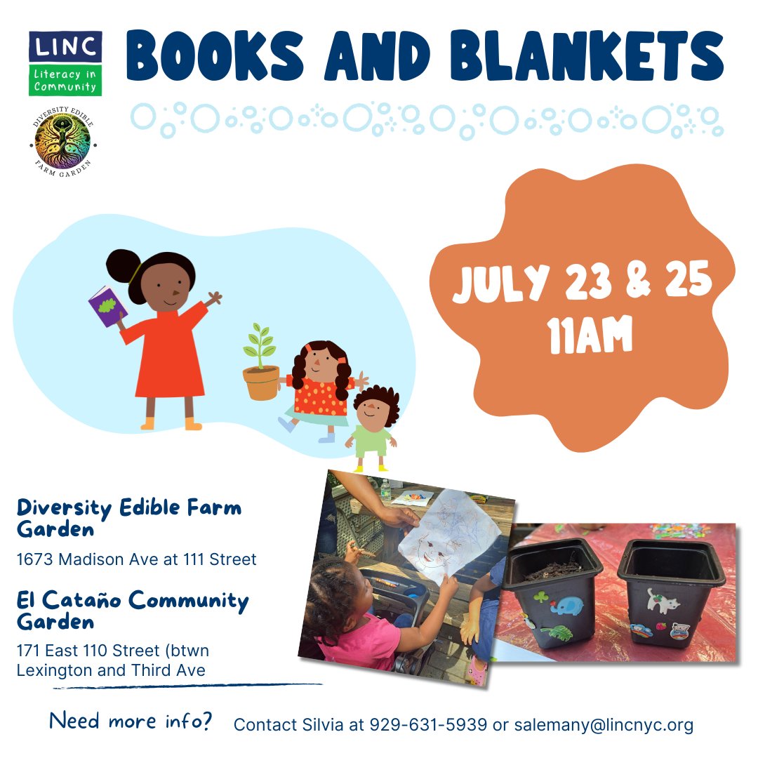 linc_nyc's tweet image. 🌿📚East Harlem families, Our next Books & Blankets July sessions are here:
📅July 23: Diversity Edible Farm Garden w/ @NYCGreenThumb
📅July 25: El Cataño Garden w/ @NYRP
🎶 Stories, songs & early literacy joy for ages 0–5—but everyone is welcome.📋RSVP: tinyurl.com/eh25summer