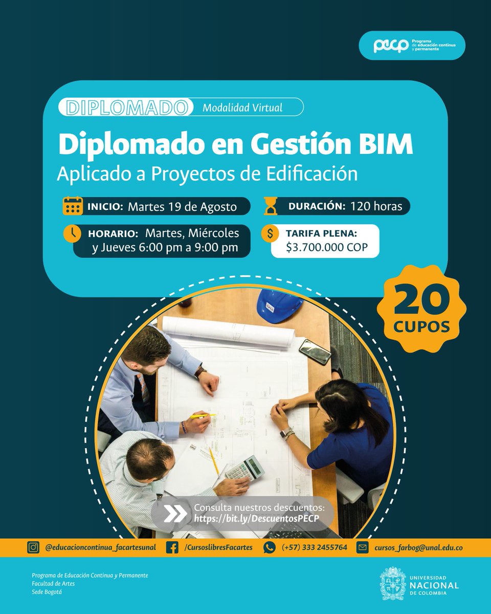 Facultad de Artes Universidad Nacional de Colombia (@facultad_artes) on Twitter photo Tenemos inscripciones abiertas al Diplomado en Gestión BIM aplicado a proyectos de edificación cuyo objetivo es brindar conceptos y herramientas metodológicas que permitan liderar procesos de implementación BIM en organizaciones y proyectos
📨 diplomados_farbog@unal.edu.co Tenemos inscripciones abiertas al Diplomado en Gestión BIM aplicado a proyectos de edificación cuyo objetivo es brindar conceptos y herramientas metodológicas que permitan liderar procesos de implementación BIM en organizaciones y proyectos
📨 diplomados_farbog@unal.edu.co