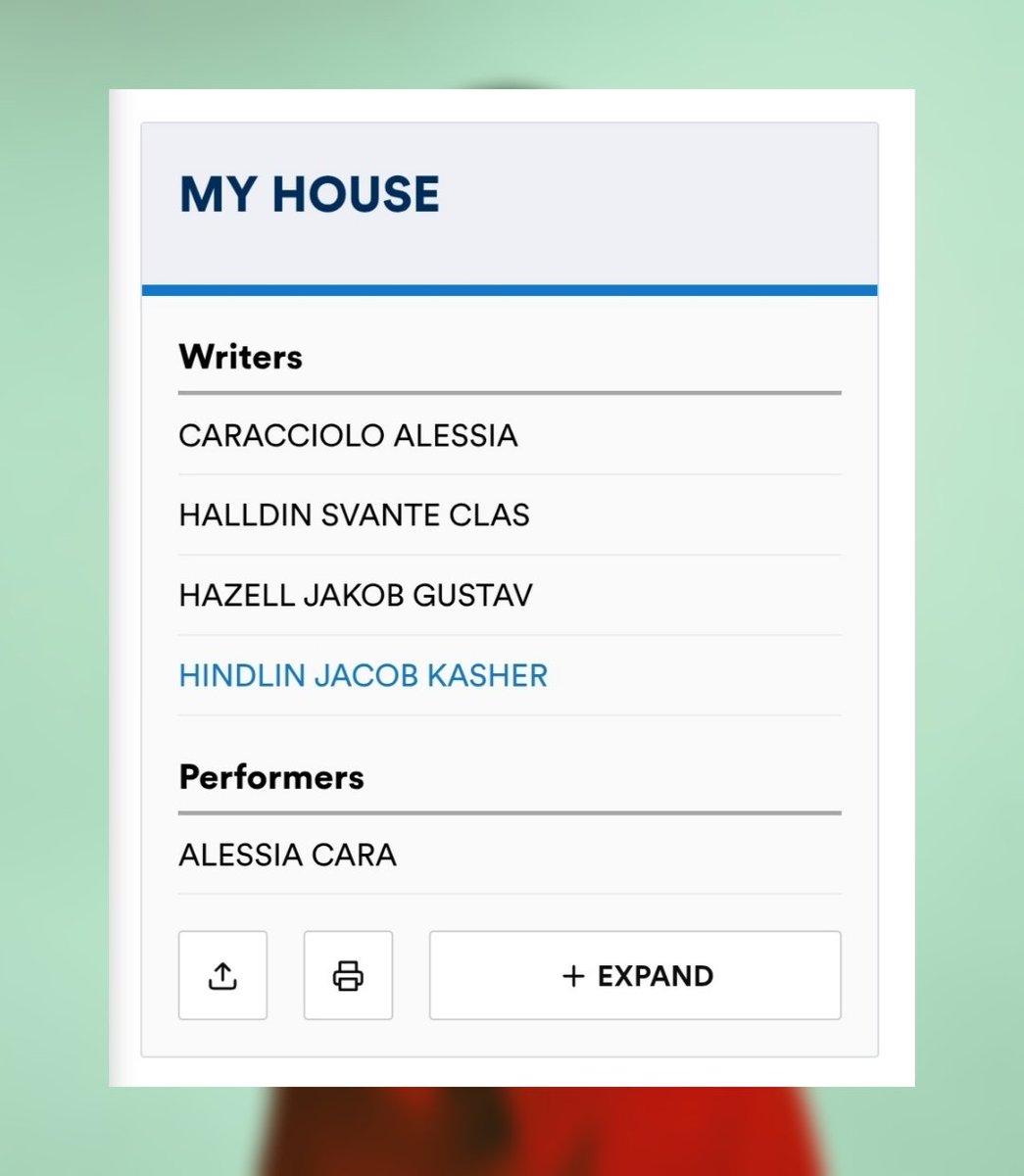 AlessiaStats's tweet image. A new song by Alessia Cara, “My House”, has been registered on ASCAP.
— Jacob Kasher Hindlin (“Nighttime Thing”) is credited as a co-writer.