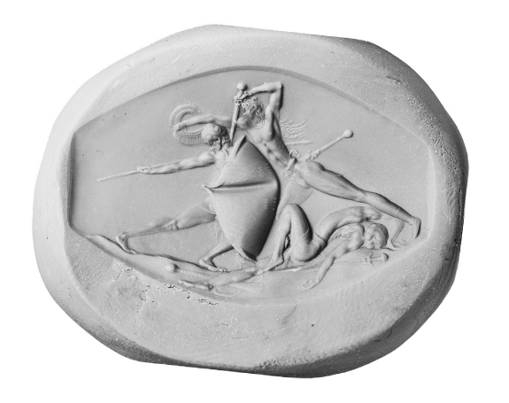 nchlsswft's tweet image. Still in awe of this Bronze Age sealstone found at Pylos ten years ago. It's only 3.6 cm long (1.42 in.), but just look at the hair, the muscles, the sword, the patterned kilt, and that limp, dead arm.