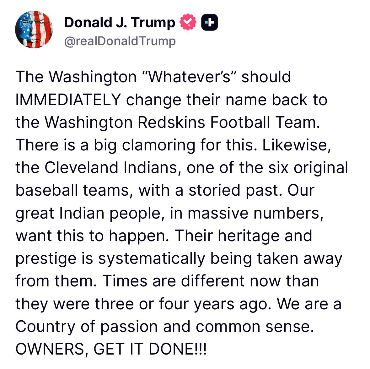 charliekirk11's tweet image. President Trump is calling for the restoration of the names of the Washington Redskins and the Cleveland Indians.
He’s 100% right! Just like with our military bases, this is a shameful legacy of peak woke and should be corrected immediately.