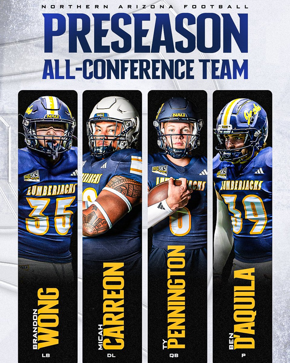 NAU Football (@nau_football) on Twitter photo ππ«ππ¬πππ¬π¨π§ ππ₯π₯-ππ¨π§πππ«ππ§ππ.
Four Lumberjacks earn preseason recognition by the <a href="/BigSkyConf/">Big Sky Conference</a> for the first since 2016.
π tinyurl.com/m5r9cacz
#RaiseTheFlag | #BigSkyFB ππ«ππ¬πππ¬π¨π§ ππ₯π₯-ππ¨π§πππ«ππ§ππ.
Four Lumberjacks earn preseason recognition by the <a href="/BigSkyConf/">Big Sky Conference</a> for the first since 2016.
π tinyurl.com/m5r9cacz
#RaiseTheFlag | #BigSkyFB