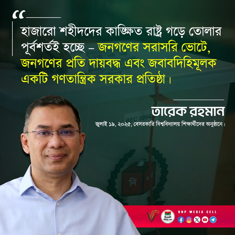 BNPBdMediaCell's tweet image. হাজারো শহীদদের কাঙ্ক্ষিত রাষ্ট্র গড়ে তোলার পূর্বশর্তই হচ্ছে–জনগণের সরাসরি ভোটে, জনগণের প্রতি দায়বদ্ধ এবং জবাবদিহিমূলক একটি গণতান্ত্রিক সরকার প্রতিষ্ঠা।
—
তারেক রহমান
জুলাই ১৯, ২০২৫ বেসরকারি বিশ্ববিদ্যালয় শিক্ষার্থীদের অনুষ্ঠানে।
#BNPMediaCell #BNP
#Bangladesh #TariqueRahman