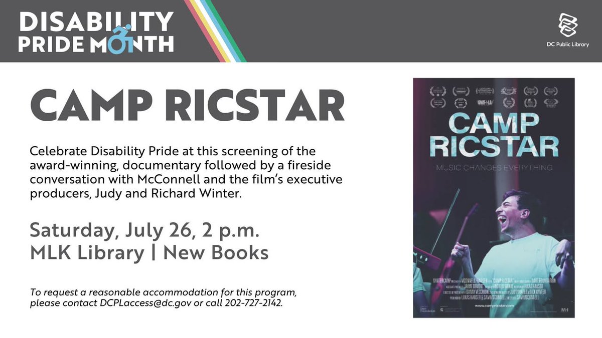 dcpl's tweet image. 🎬 Join DC Public Library for a special screening of Camp RicStar — Sat, July 26 at 2 PM at MLK Library! This award-winning doc follows the powerful, joyful journeys of campers at the Eric ‘RicStar’ Winter Music Therapy Camp. bit.ly/46fIIrx