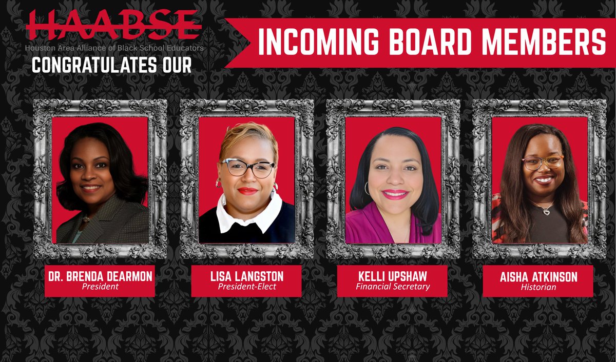 HAABSE (@haabse3) on Twitter photo Please join us in congratulating our incoming Executive Board Members:
❤️ President <a href="/DrBrendaDearmon/">Dr. Brenda Dearmon</a>,
🖤 Preside-Elect <a href="/PrincipalLang/">Lisa Langston</a>,
🤍 Financial Sectetary <a href="/upshaw_kelli/">Kelli Upshaw</a>, and
❤️ Historian <a href="/theLITsensei/">Aisha Christa Atkinson, M.S. (she/her)</a>
#HAABSE Please join us in congratulating our incoming Executive Board Members:
❤️ President <a href="/DrBrendaDearmon/">Dr. Brenda Dearmon</a>,
🖤 Preside-Elect <a href="/PrincipalLang/">Lisa Langston</a>,
🤍 Financial Sectetary <a href="/upshaw_kelli/">Kelli Upshaw</a>, and
❤️ Historian <a href="/theLITsensei/">Aisha Christa Atkinson, M.S. (she/her)</a>
#HAABSE