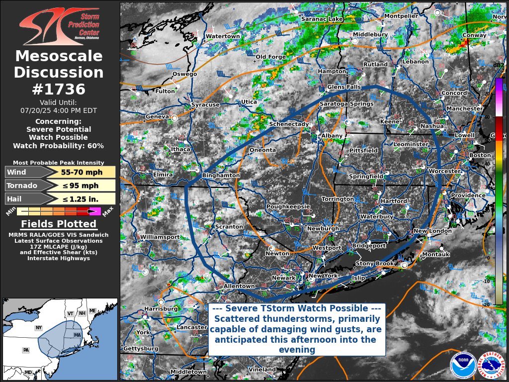MassachusettsWx's tweet image. A Severe Thunderstorm Watch is possible over the next hour or so. Watch prob is 60%.
