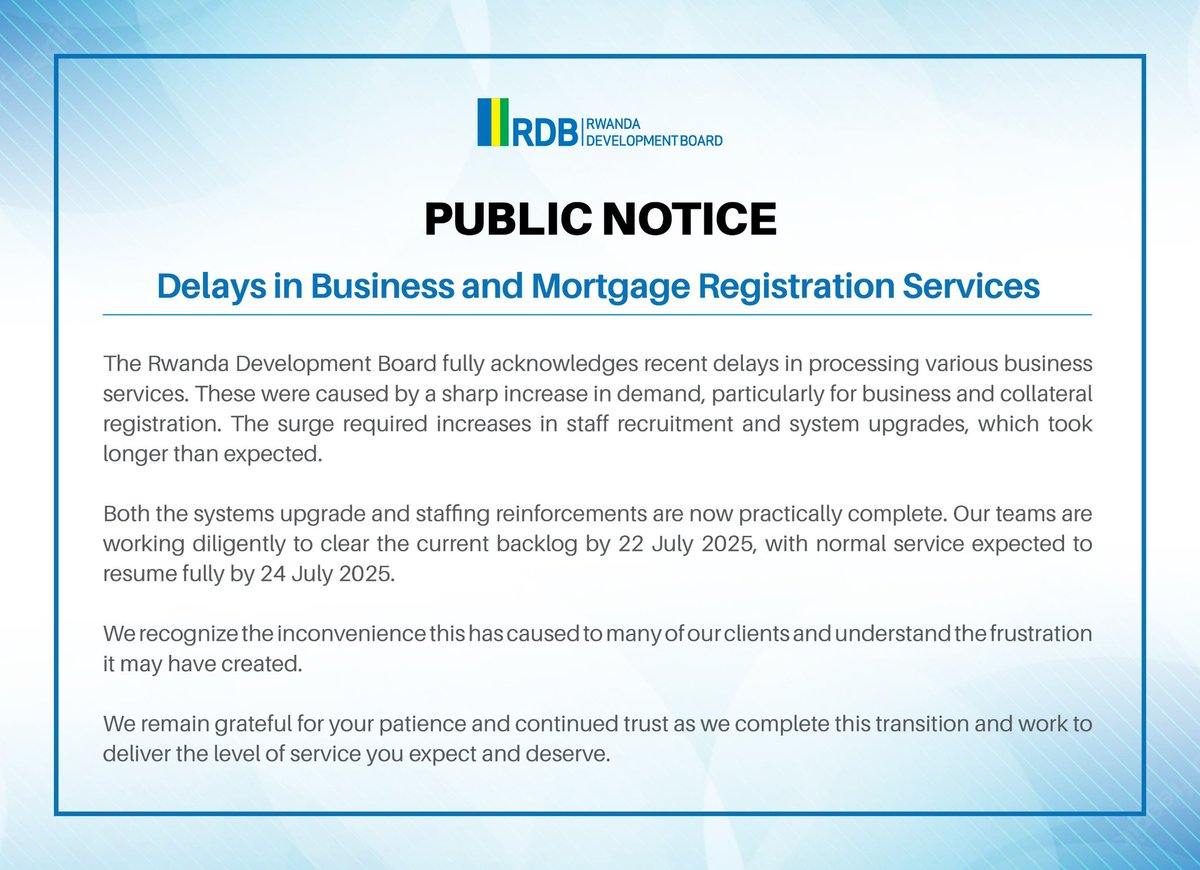 Itangazo: Ubukererwe mu kwandika ingwate n’ibikorwa by’ubucuruzi

Public Notice: Delays in Business and Mortgage Registration Services