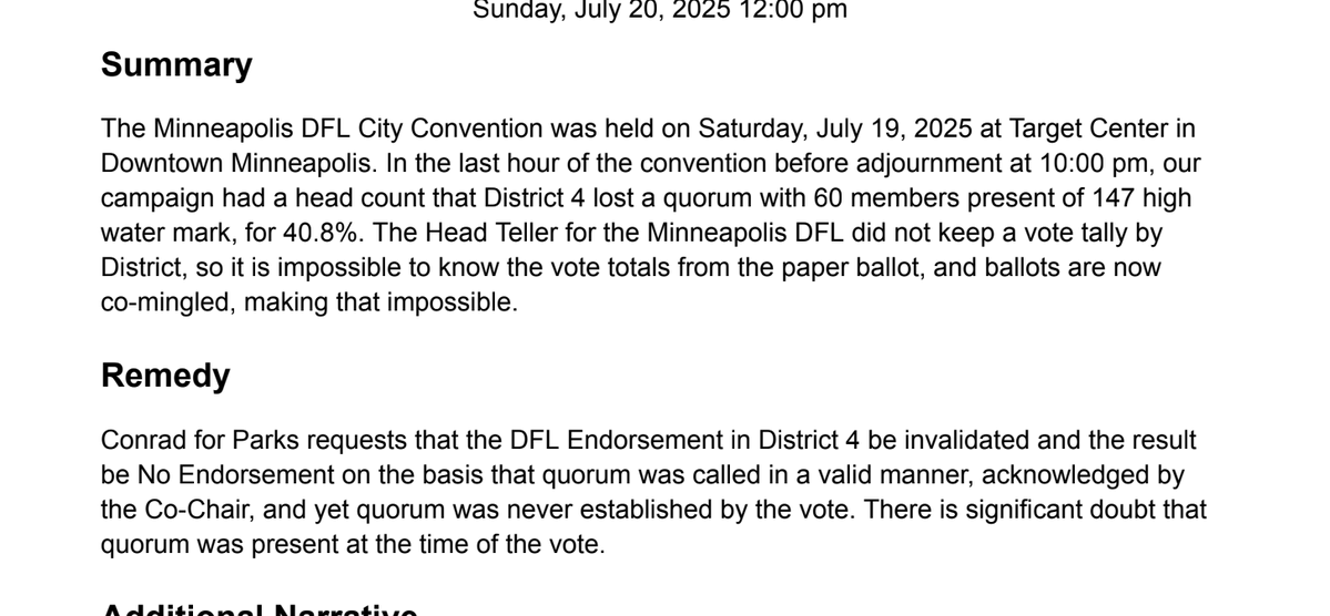 kystokes's tweet image. INBOX: Candidate Conrad Zbikowski has challenged last night's Minneapolis Park Board endorsements w/ @MinnesotaDFL
He alleges @MinneapolisDFL tellers co-mingled paper ballots while counting them, making it impossible to verify a quorum from each Park Board district