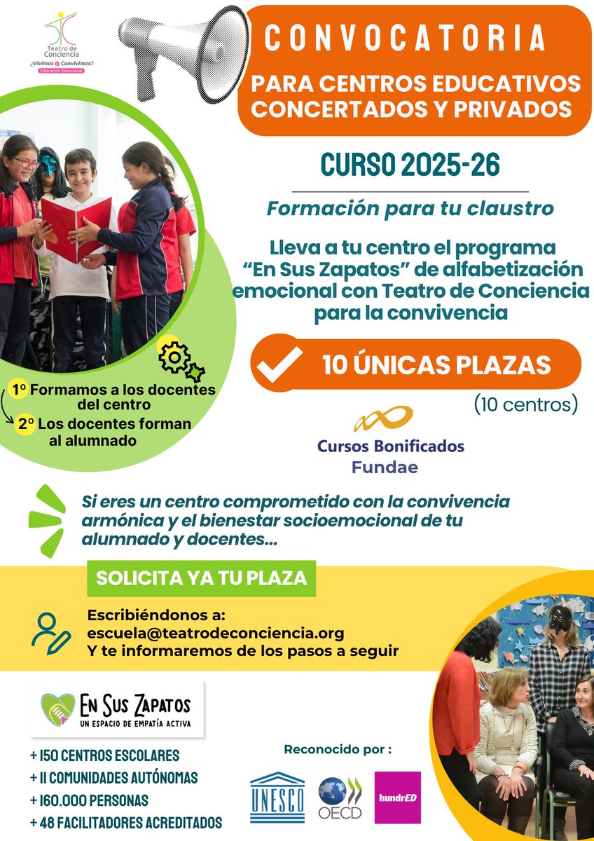 Ashoka España (@ashokaspain) on Twitter photo 🎭 La Ashoka Fellow Pax Dettoni lanza una nueva convocatoria para centros educativos.
Con el programa En Sus Zapatos, usa teatro y educación emocional para prevenir la violencia y fomentar la convivencia.
🧠👟 Solo hay 10 plazas. ¿Te interesa?
👉 escuela@teatrodeconciencia.org 🎭 La Ashoka Fellow Pax Dettoni lanza una nueva convocatoria para centros educativos.
Con el programa En Sus Zapatos, usa teatro y educación emocional para prevenir la violencia y fomentar la convivencia.
🧠👟 Solo hay 10 plazas. ¿Te interesa?
👉 escuela@teatrodeconciencia.org