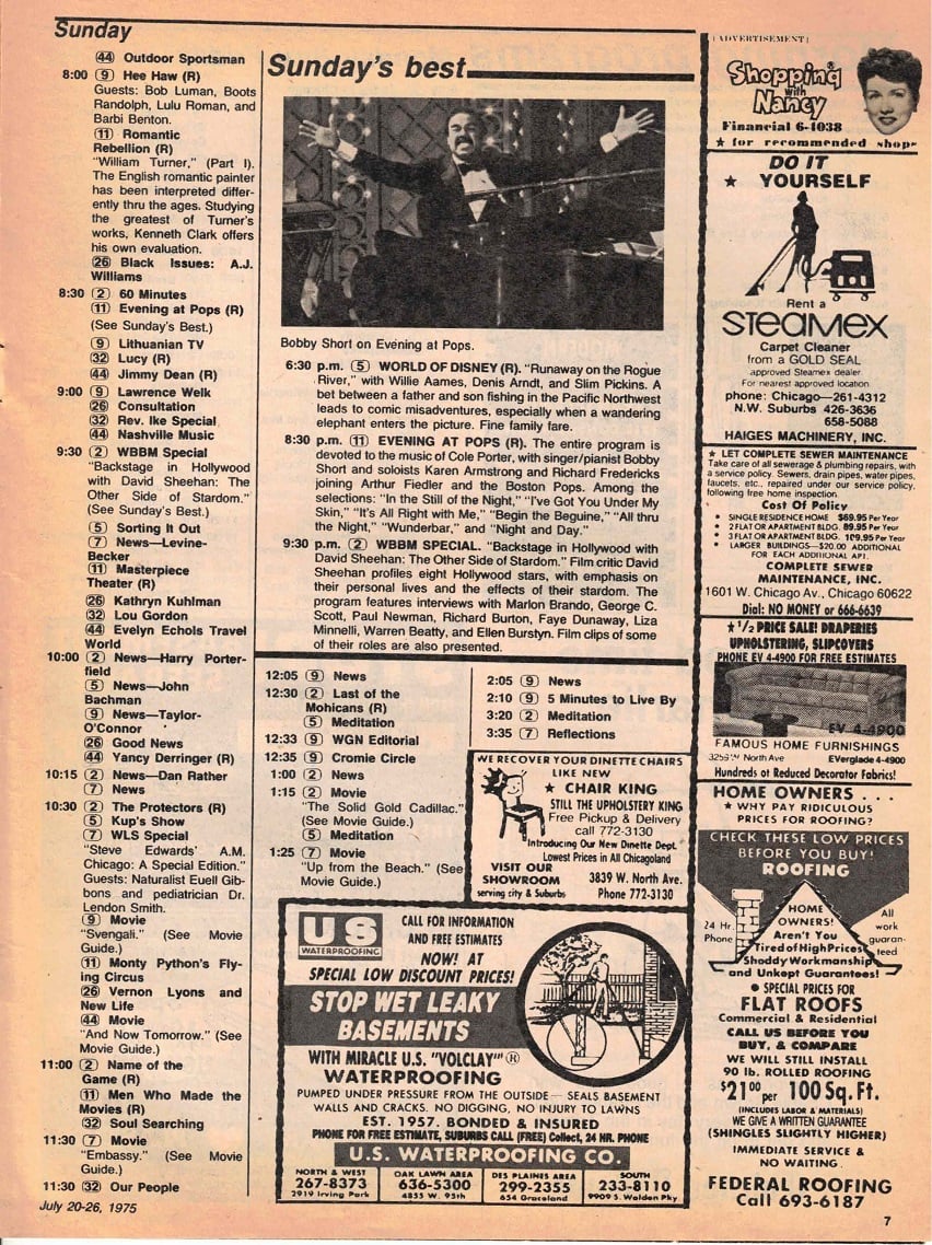 ChicagoTVGuides's tweet image. #OTD in 1975
Six Million Dollar Man, Kojak, Mystery Movie: McCloud, "The Beguiled", Nova, 60 Minutes, Sorting it Out with Shelly Long, more...
Chicago Tribune TV Week. July 20, 1975
