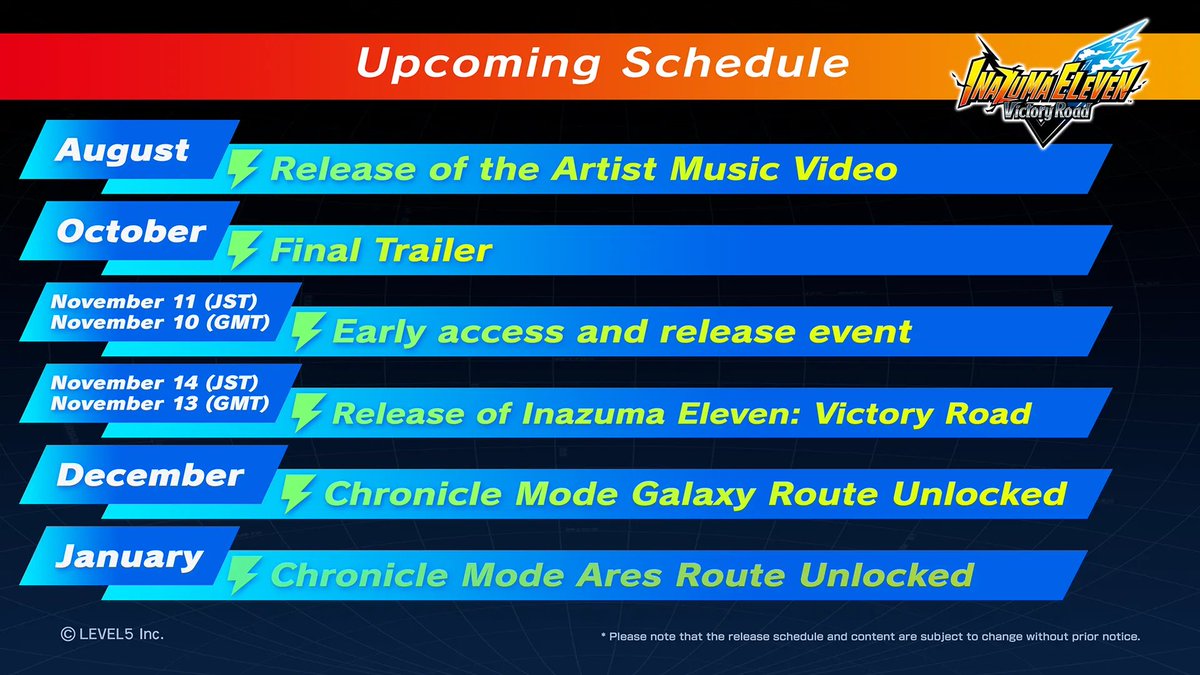ShinAngelico's tweet image. 🚨 Roadmap de Inazuma Eleven Victory Road actualizado tras el retraso del juego ⬇️
- Agosto: Videoclip de la artista del ending de Victory Road.
- Octubre: Tráiler Final de Inazuma Eleven Victory Road.
- 10 de Noviembre: Acceso anticipado y evento de lanzamiento de Victory…