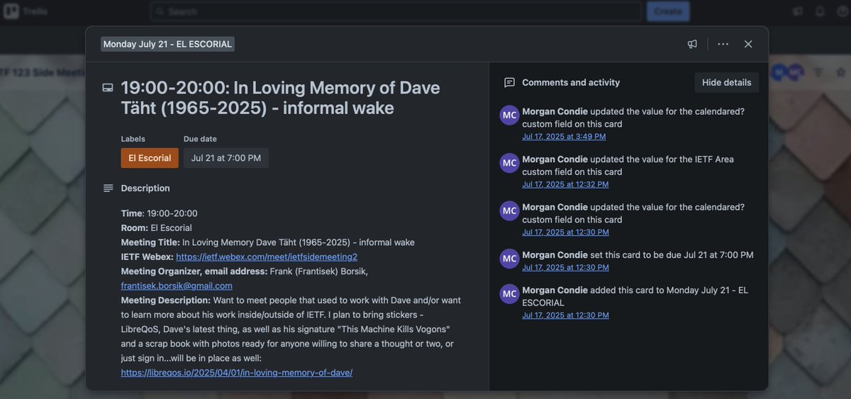 LibreQoS (@libreqos) on Twitter photo If you are w/ us at <a href="/ietf/">@IETF</a> 123, join us on Monday, July 21 at 7PM in El Escorial room, to celebrate <a href="/mtaht/">Dave Taht blog.cerowrt.org</a>'s life, work & legacy fighting #bufferbloat:
trello.com/c/YRqGO3ho/89-…
#IETF123 #DaveTaht #BandwidthIsALIE #RFC8290 #FQ_CoDel #sch_CAKE #OpenSource #IETF #FLOSS #LibreQoS If you are w/ us at <a href="/ietf/">@IETF</a> 123, join us on Monday, July 21 at 7PM in El Escorial room, to celebrate <a href="/mtaht/">Dave Taht blog.cerowrt.org</a>'s life, work & legacy fighting #bufferbloat:
trello.com/c/YRqGO3ho/89-…
#IETF123 #DaveTaht #BandwidthIsALIE #RFC8290 #FQ_CoDel #sch_CAKE #OpenSource #IETF #FLOSS #LibreQoS