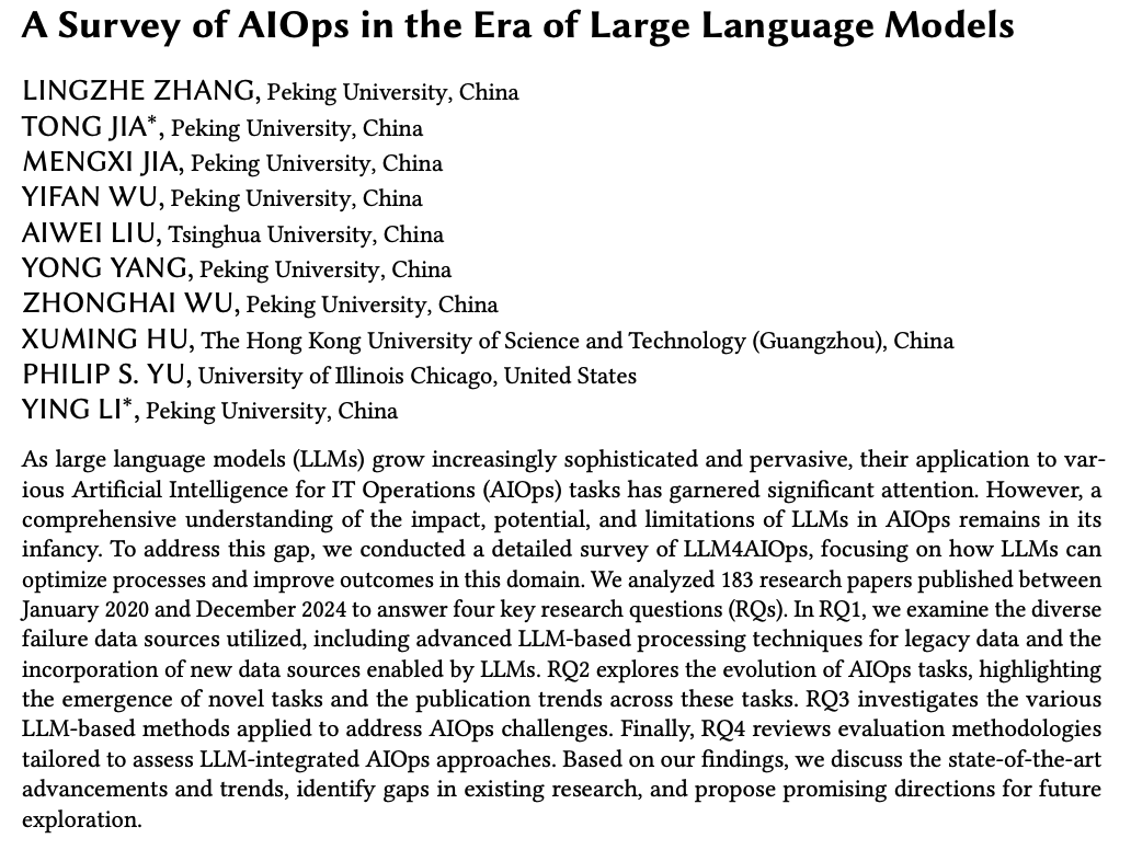 omarsar0's tweet photo. AIOps in the Era of LLMs

Specifically, it looks at LLM4AIOps by analyzing 180+ papers.

This is one of the many interesting ways to use LLMs in production.

Pay attention, devs!

My notes below: https://t.co/SU06KOSfgJ