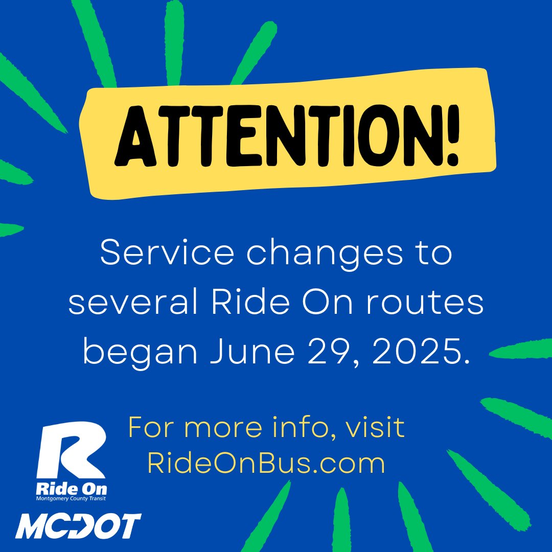RideOnMCT's tweet image. Ride On implemented changes to several bus routes on June 29. To see a full list of impacted routes, visit montgomerycountymd.gov/DOT-Transit/ch… @mcdotnow