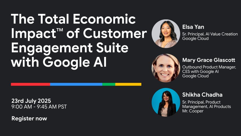 googlecloud's tweet image. Join us on July 23 to learn how Google Cloud customers are leveraging AI-powered CX solutions to achieve a 207% ROI and a payback period of under 6 months!
In less than an hour, you'll learn how our AI-powered solutions address critical CX challenges → goo.gle/44I9rfj