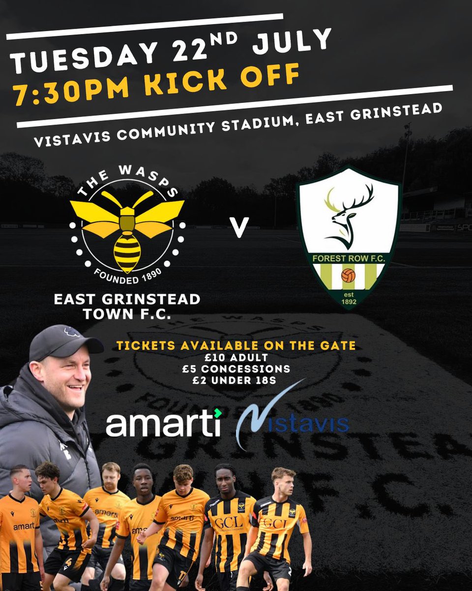 East Grinstead Town FC (@egtfcwasps) on Twitter photo Next up for the Wasps.......
We return to the Vistavis Community Stadium for our second home pre season game against <a href="/FrowFC/">Forest Row FC (P)</a>
COYW 🐝🐝🐝 Next up for the Wasps.......
We return to the Vistavis Community Stadium for our second home pre season game against <a href="/FrowFC/">Forest Row FC (P)</a>
COYW 🐝🐝🐝