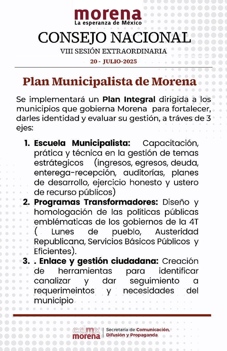 SRIACOMUMORENA's tweet image. Hoy, en el VIII Consejo Nacional Extraordinario de Morena, se definen cuatro ejes clave que marcarán el rumbo del movimiento rumbo a 2027:
1️⃣ Comités Seccionales
2️⃣ Plan Municipalista
3️⃣ Comisión Evaluadora
4️⃣ Consejo Consultivo Nacional
💬 Unidad, territorio, convicción y futuro