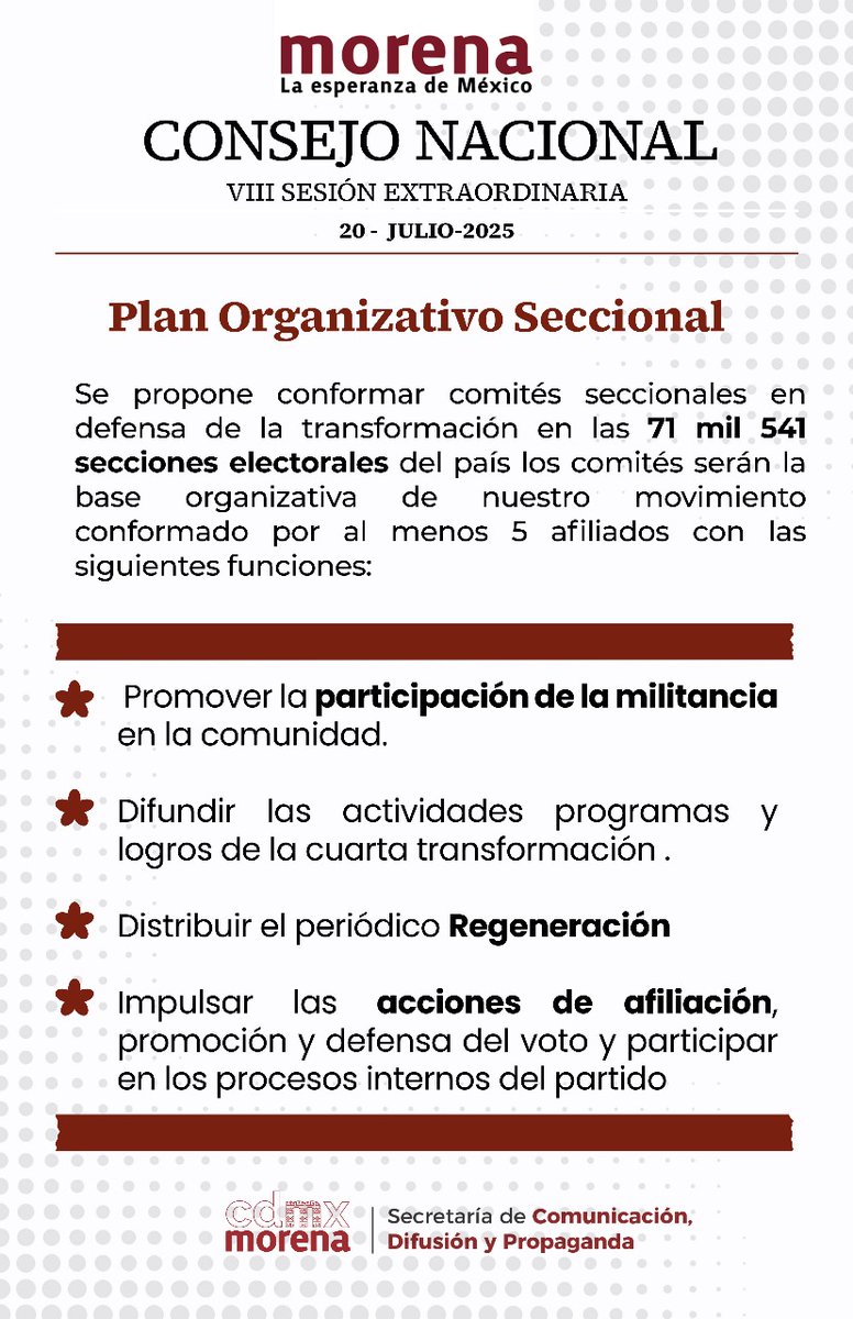SRIACOMUMORENA's tweet image. Hoy, en el VIII Consejo Nacional Extraordinario de Morena, se definen cuatro ejes clave que marcarán el rumbo del movimiento rumbo a 2027:
1️⃣ Comités Seccionales
2️⃣ Plan Municipalista
3️⃣ Comisión Evaluadora
4️⃣ Consejo Consultivo Nacional
💬 Unidad, territorio, convicción y futuro