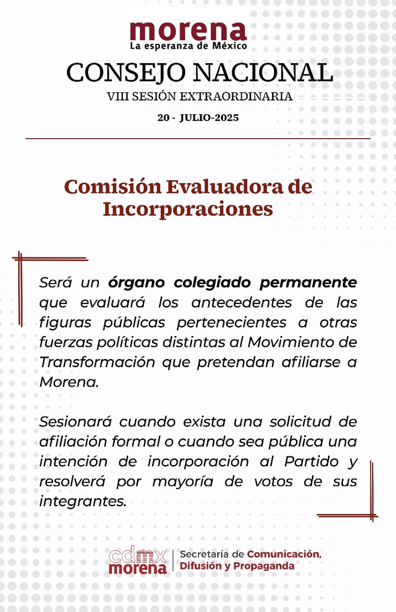 SRIACOMUMORENA's tweet image. Hoy, en el VIII Consejo Nacional Extraordinario de Morena, se definen cuatro ejes clave que marcarán el rumbo del movimiento rumbo a 2027:
1️⃣ Comités Seccionales
2️⃣ Plan Municipalista
3️⃣ Comisión Evaluadora
4️⃣ Consejo Consultivo Nacional
💬 Unidad, territorio, convicción y futuro